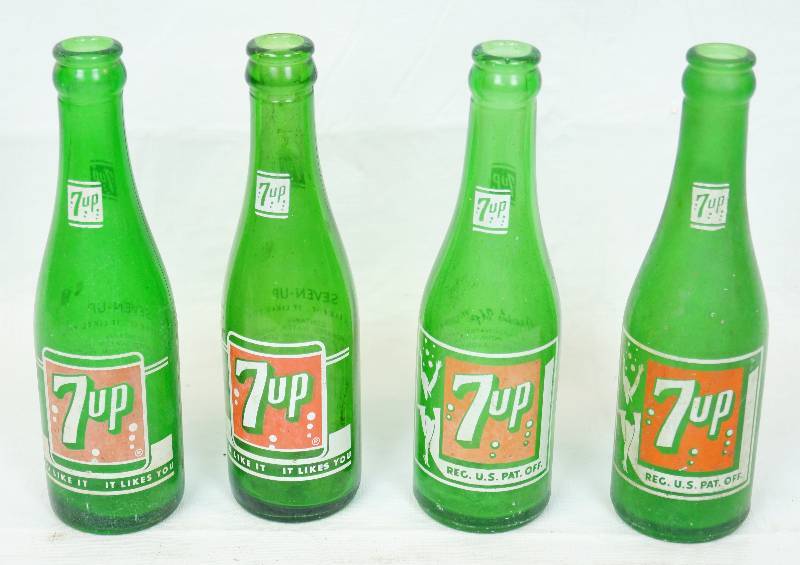 lot 1046 image: Lot of 4 Vintage 7-Up Bottles - Neat Dark Green Glass