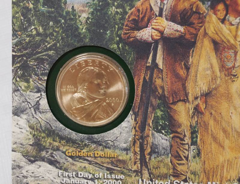 lot 1208 image: Sacagawea Golden Dollar Coin - First Day of Issue w Commemorative Cover - Sealed