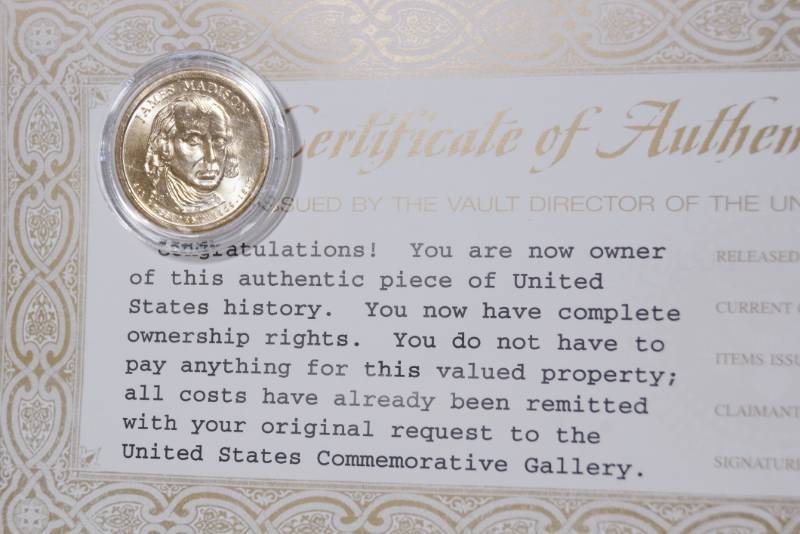 lot 1209 image: 2007 U.S. Presidential Golden Dollar - James Madison - Uncirculated w COA - Sealed