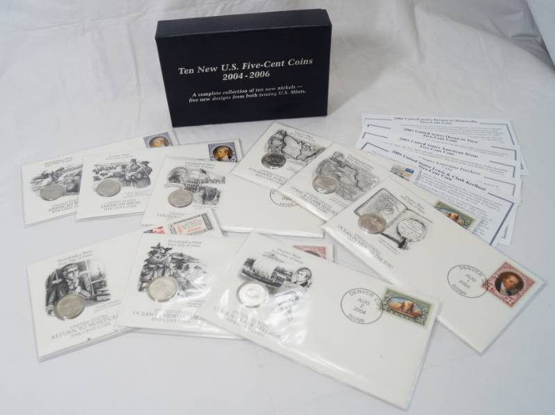 lot 1215 image: Ten New Nickels - 2004 - 2006 - sealed on collector cards w stamps - 5 designs from 2 mints w box