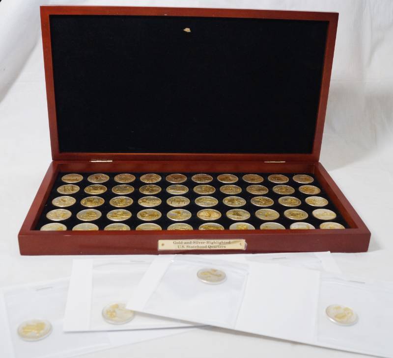lot 1222 image: U.S. Statehood Quarters - Gold & Silver Highlighted - States and Territories - Awesome In wooden case