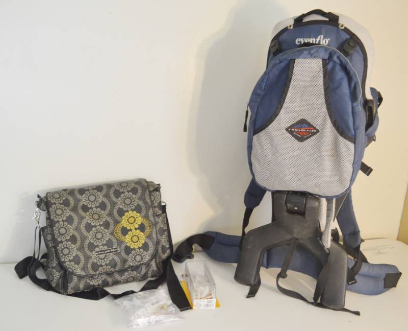 lot 4021 image: Petunia Pickle Bottom Diaper bag, Trailblazer hiking baby carrier and baby proofing items