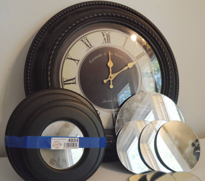 lot 4034 image: Large Clock and decorative mirrors