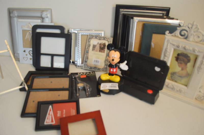 lot 4035 image: Talking Mickey Mouse Frame, Assortment of Picture Frames, and basket
