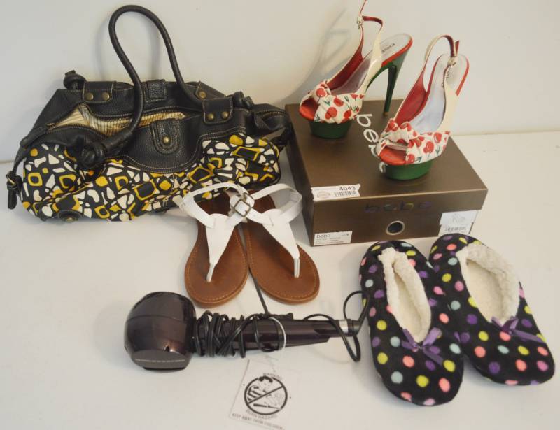 lot 4043 image: Womens shoes size 6, purse, Conair Infiniti pro automatic curling iron.