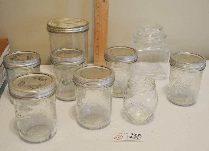 lot 4092 image: Set of 6 12oz Wide Mouth Ball Mason Jars, 1 Large Mason Jar, Glass Canister