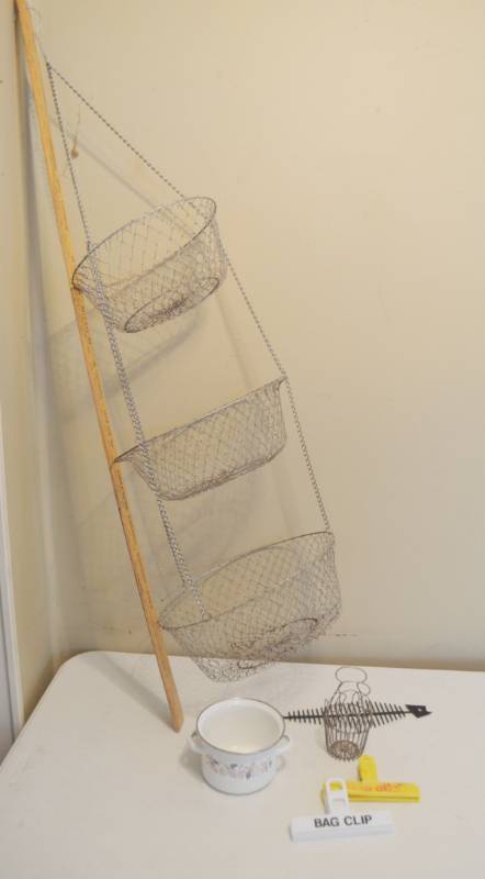 lot 4103 image: 3 Tier Hanging Fruit Basket, Fish Decor, Chip Clips, Small Pot