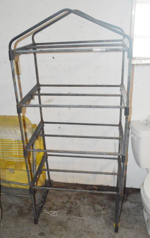 lot 4161 image: Shelf 27W x 18D x 63 T and 2 Yellow lawn Chairs
