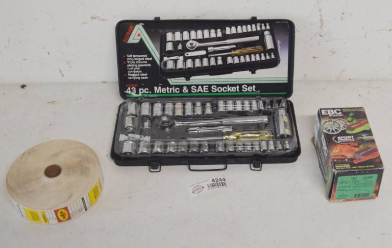 lot 4244 image: 43 Piece Socket Set , Oil Change Stickers, EBC Brake Pads #DP21701. Believe They Fit Mini-Cooper