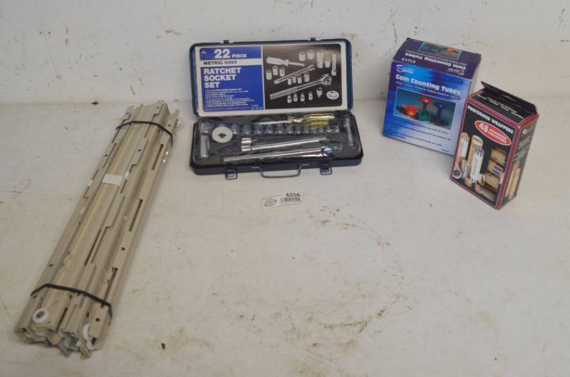 lot 4256 image: Lot of Drawer Slides 18 and 22 Piece Metric Socket set, Coin Sorting Paper Tubes