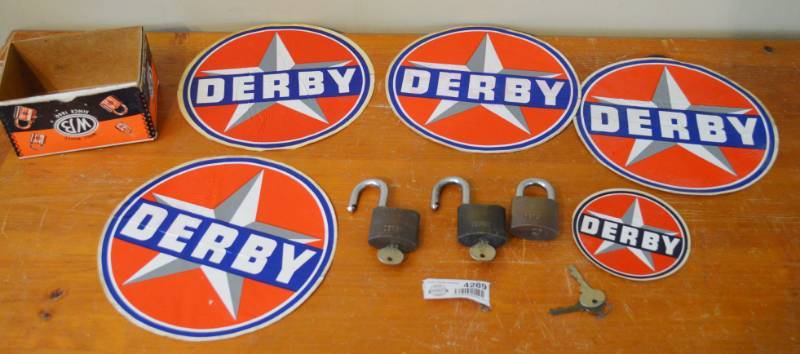 lot 4289 image: 3 Derby Pad Locks W Keys From Old Derby Refinery on 21st (1 Lock Not Working) and Derby Stickers