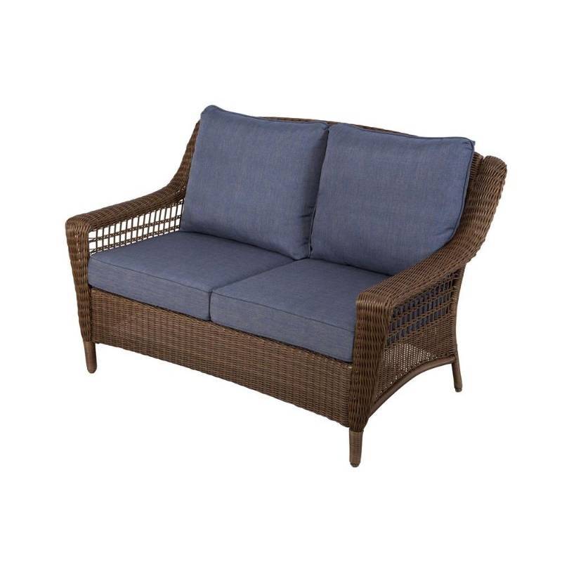 lot 1516 image: Hampton Bay Chairs Spring Haven Brown All-Weather Wicker Patio Loveseat with Sky Cushions 66-20303