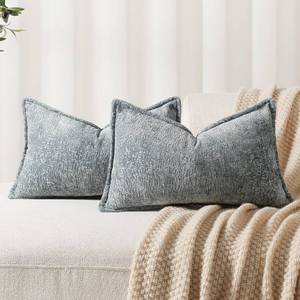 lot 2347 image: DEZENE Pack of 2 Dusty Blue Decorative Throw Pillow Covers 12x20 Cozy Soft Chenille Boho Accent Vintage Farmhouse Rectangular Lumbar Couch Pillow Covers for Home Decor Bed Sofa Living Room