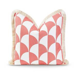 lot 2413 image: Hofdeco Premium Coastal Patio Indoor Outdoor Pillow Cover Only, 20x20 Water Resistant for Backyard, Couch, Coral Pink Scale Motif Fringe