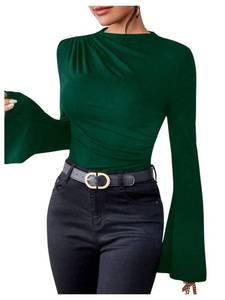 lot 2463 image: SweatyRocks Womens Ruched Mock Neck Long Ruffle Sleeve Stretch Solid Basic Tee Shirts Tops Dark Green Medium