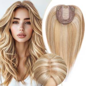 lot 2485 image: Rich Choices Hair Toppers for Women Real Human Hair 100% Human Remy Toppers NO Bangs with Thinning on Top Clip in Hairpiece 4x4.7Lace Base 14 Inch #12P613 Golden Brown Highlights Bleach Blonde - Retail $109.9