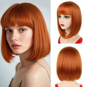 lot 2493 image: NOTICEME Ginger Bob Wig with Bangs, Short Straight Costume Auburn Wig for Women Cosplay, Synthetic Hair, 14in