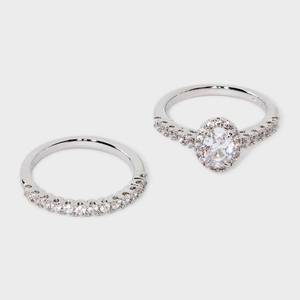 lot 8335 image: Silver Plated Cubic Zirconia Brass Halo Oval and Pave Wedding Ring Set - A New Day�� Silver 6