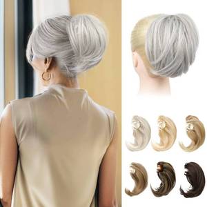 lot 8376 image: REECHO Ponytail Extension, 7 Mini Claw Clip in Ponytail Extensions Short Natural Straight Wavy Ponytail Hair Extensions Messy Hair Bun Hair Pieces for Women with Short Thin Hair - Silver Grey