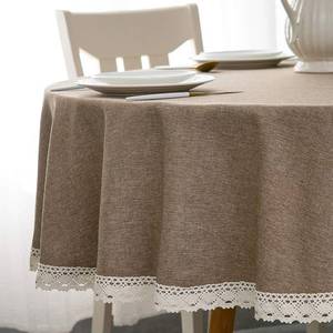 lot 8382 image: EHouseHome Faux Linen Tablecloth with Lace Trim - WaterproofSpill ProofStain ResistantWrinkle FreeOil Proof - for Banquet, Parties, Dinner,Kitchen,Wedding,Coffee,Holiday,Flax,Round 70Inch