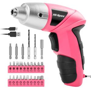 lot 8398 image: Hi-Spec Electric Screwdriver 27pc 3.6V Pink USB Small Power Screwdriver Set. Cordless & Rechargeable with Driver Bit Set