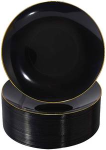 lot 9775 image: Nervure 100PCS Black and Gold Plastic Plates - 10.25 inch Black Disposable Plates - Gold Rim Dinner Plate - Black Dinner Plate Ideal for Wedding & Fathers Day & New Year