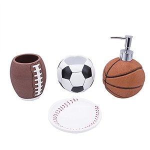 lot 9793 image: YangShiMoeed 4-Piece Sports Bathroom Accessories Set Complete with Basketball LotionSoap Dispenser,Soccer Bath CupTumbler,Base Ball Soap Dish,Football Toothbrush Holder