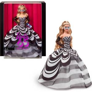 lot 9801 image: Barbie Signature 65th Blue Sapphire Anniversary Fashion Doll with Blonde Hair, Black and White Gown