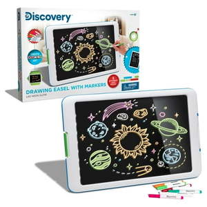 lot 9807 image: Discovery Kids Neon Glow Drawing Easel wColor Markers Built-in KickstandWall Mount Choose from 6 Light Modes Easy to CleanWashable Wide Screen Flat Storage Great for Children Multicolor