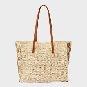 lot 10009 image: Straw Packable Checker Boxy Tote Handbag - Universal Thread�� Beige