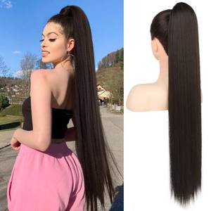 lot 10063 image: Flufymooz ponytail extension, 30 Inch Long Straight Drawstring Ponytail Synthetic Hairpieces Fake Pony Tails Natural Soft Clip in Hair Extension ponytail for Women (Black Brown)