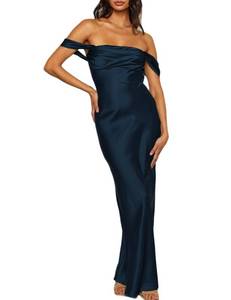 lot 12326 image: Realtix Elegant Satin Off The Shoulder Ruched Backless Maxi Dress for Women Strapless Tube Sleeveless Fitted Bridesmaid Dresses Navy