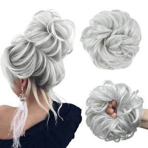 lot 12330 image: CJL HAIR Large Messy Bun Hair Piece Wavy Curly Scrunchies Synthetic Chignon Ponytail Hair Extensions Thick Updo Hairpieces for Women Light Silver Grey