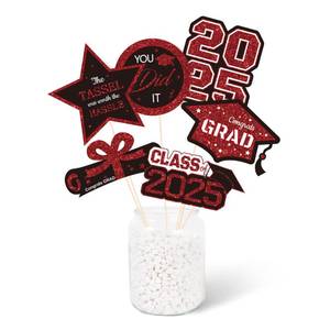 lot 12340 image: Gexolenu 30 PCS Glitter Black and Red Double-Sided Graduation Centerpieces for Tables, 2025 Graduation Table Toppers Party Centerpiece Sticks Party Supplies, Set of 5