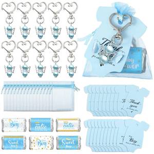 lot 12342 image: Teling 50 Sets Baby Shower Party Favors Baby Shower Angel Keychains Label Sticker Cards Organza Bags for Baptism Party(Blue)