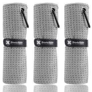 lot 12360 image: Handy Picks Microfiber Golf Towel (16 X 16) with Carabiner Clip, Waffle Pattern Golf Towel Hook and Loop Fastener - The Convenient Golf Cleaning Towel Grey