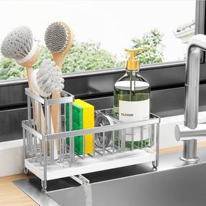 lot 12362 image: Cisily Sponge Holder for Kitchen Sink, Stainless Steel Silver Sink Caddy with High Brush Holder, Organzier Rustproof Dish Organizer, Soap Dispenser Storage, Kitchen Accessories for Organization
