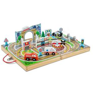 lot 12387 image: Melissa & Doug 18-Piece Wooden Take-Along Tabletop Town, 4 Rescue Vehicles, Play Pieces, Bridge
