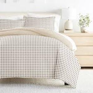 lot 2438 image: SUSYBAO Tan Gingham Duvet Cover King 100% Washed Cotton Beige Plaid Duvet Cover Set 3 Pieces 1 Checkered Grid Duvet Cover with Zipper Ties 2 Pillowcases Vintage Luxury Soft Gingham Bedding Set Durable