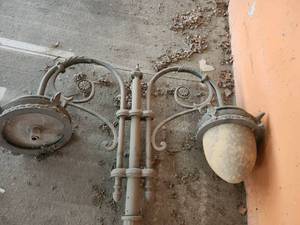 lot 2000 image: (2) 18ft Cast Iron Double Arm and Single Light Fixture with Floral Details