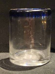 lot 48208 image: (32) Glass Juice Tumblers with Cobalt Blue Rim and Commercial Dishwasher Rack