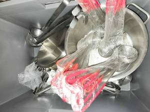 lot 15873 image: Commercial Stainless Steel Kitchen Utensil Set with Red Whisks