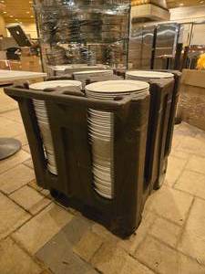 lot 48198 image: (272) Commercial Plate Caddy Cart with White Porcelain Plates