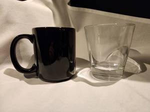 lot 48277 image: (Assorted) Glassware Set - Black Coffee Mugs and Clear Drinking Glasses