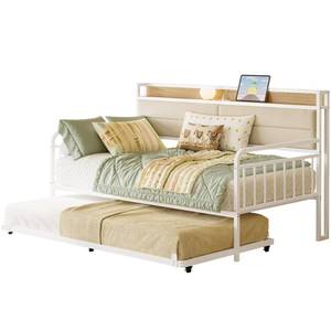 lot 29463 image: LIKIMIO Daybed with Trundle, Sturdy Metal Twin Bed Frame with Upholstered Headboard and Charging Station for Living Room, Bedroom and Guest Room, White