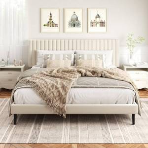 lot 29466 image: HAOARA King Size Bed Frame,King Size Platform Bed Frame and Velvet Upholstered Headboard with Strong Wood Slats, Box Spring Optional, Mattress Foundation, Easy Assembly Beige