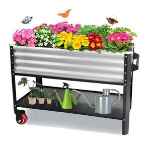 lot 29474 image: Elevated Metal Raised Garden Bed, Large Outdoor Metal Planter Box Big Flower Plant Pot for Planting Flowers Vegetables and Herbs (Silver, Medium)