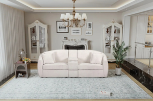 lot 29479 image: Oversized two-seat curved solid wood sofa with high quality sponge filling with 2 cup holders