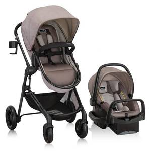 lot 29480 image: Evenflo Pivot Modular Travel System with LiteMax Infant Car Seat with Anti-Rebound Bar (Desert Tan)