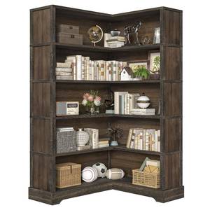 lot 29481 image: TVU Wood Corner Bookcase, 5 Tier 65 Inch Tall Bookshelf with Storage, Floor Standing Display Book Shelf for Living Room, Kitchen, Home Office (Rustic Brown)